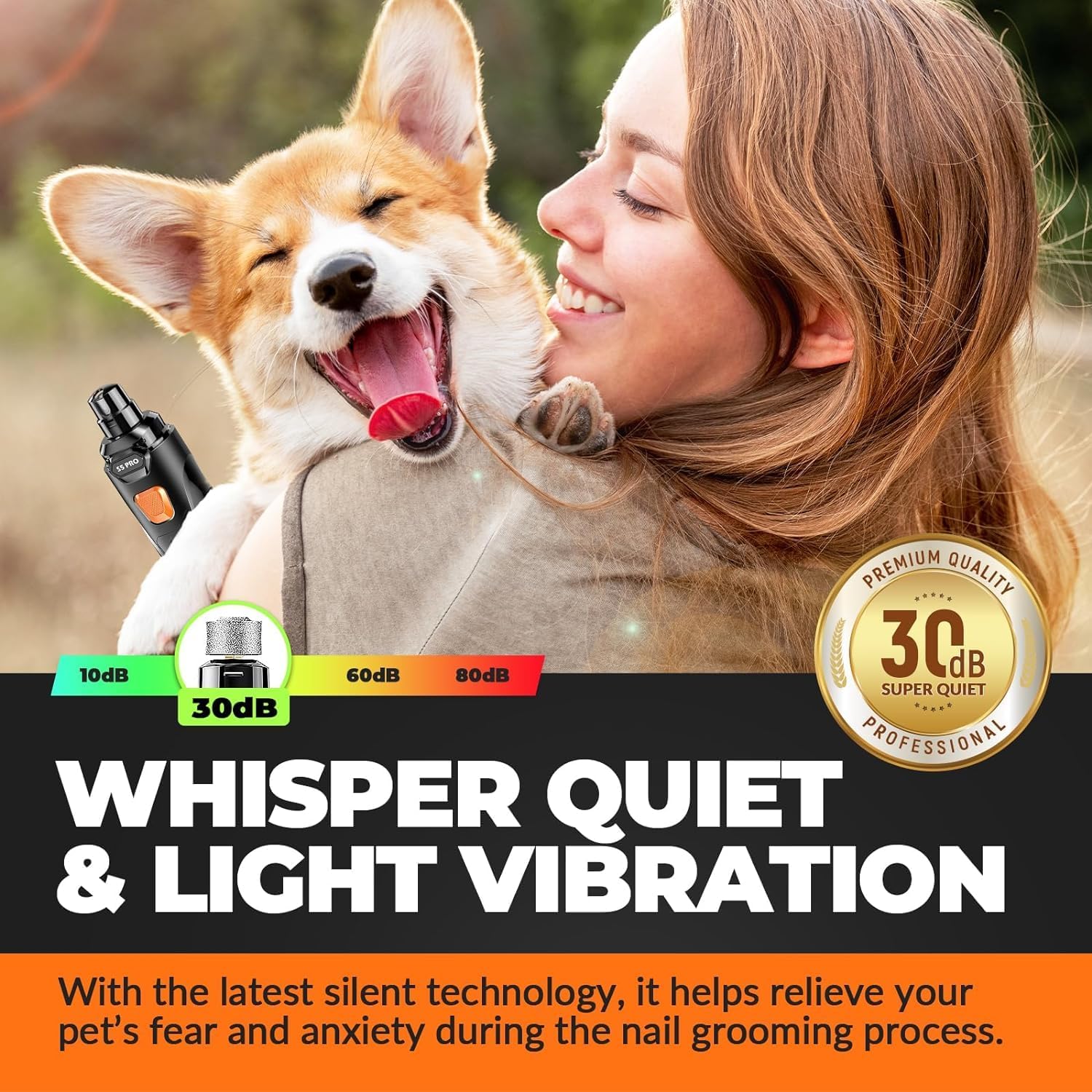Rechargeable Dog Nail Grinder with LED Lights - Super Quiet, 2-Speed Trimmer & 3 Grinding Wheels for All Breeds - Perfect for Dogs & Cats