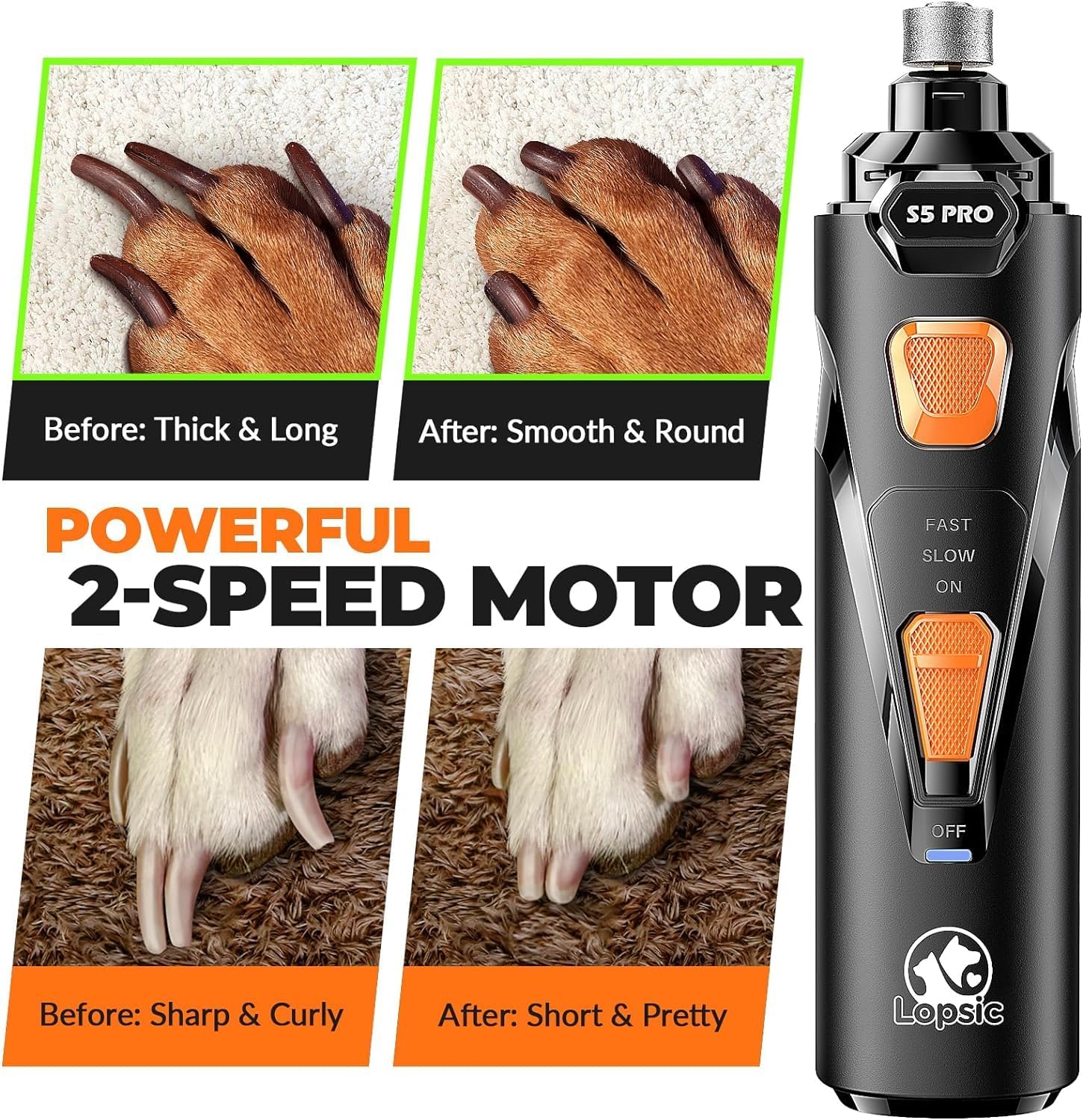 Rechargeable Dog Nail Grinder with LED Lights - Super Quiet, 2-Speed Trimmer & 3 Grinding Wheels for All Breeds - Perfect for Dogs & Cats